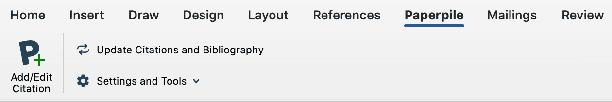 The Microsoft Word ribbon with the Paperpile tab selected, showing the “Add/Edit Citation” button beside “Update Citations and Bibliography” and “Settings and Tools”.